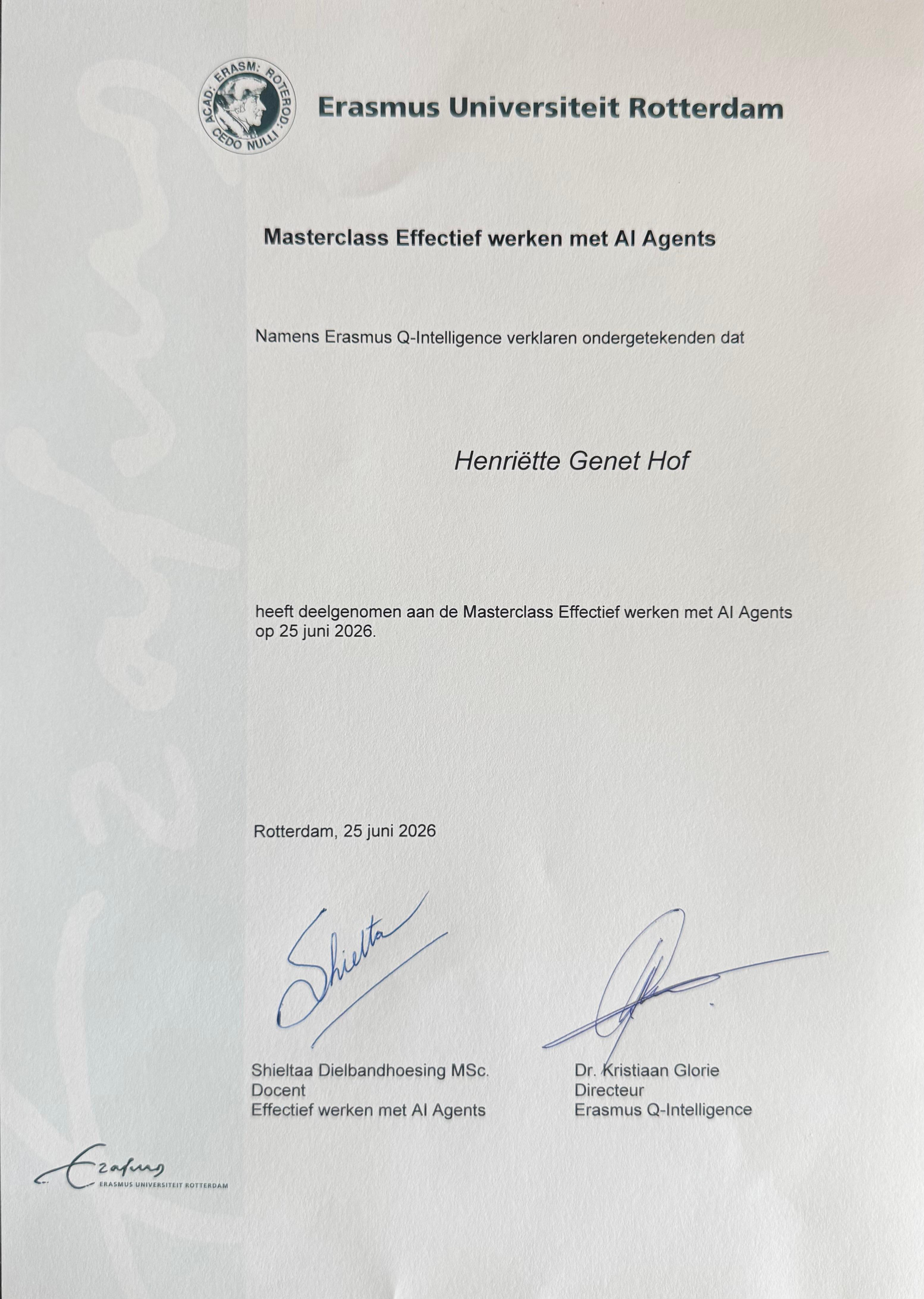Certificaat masterclass Effectief werken met AI Agents Erasmus Universiteit Rotterdam